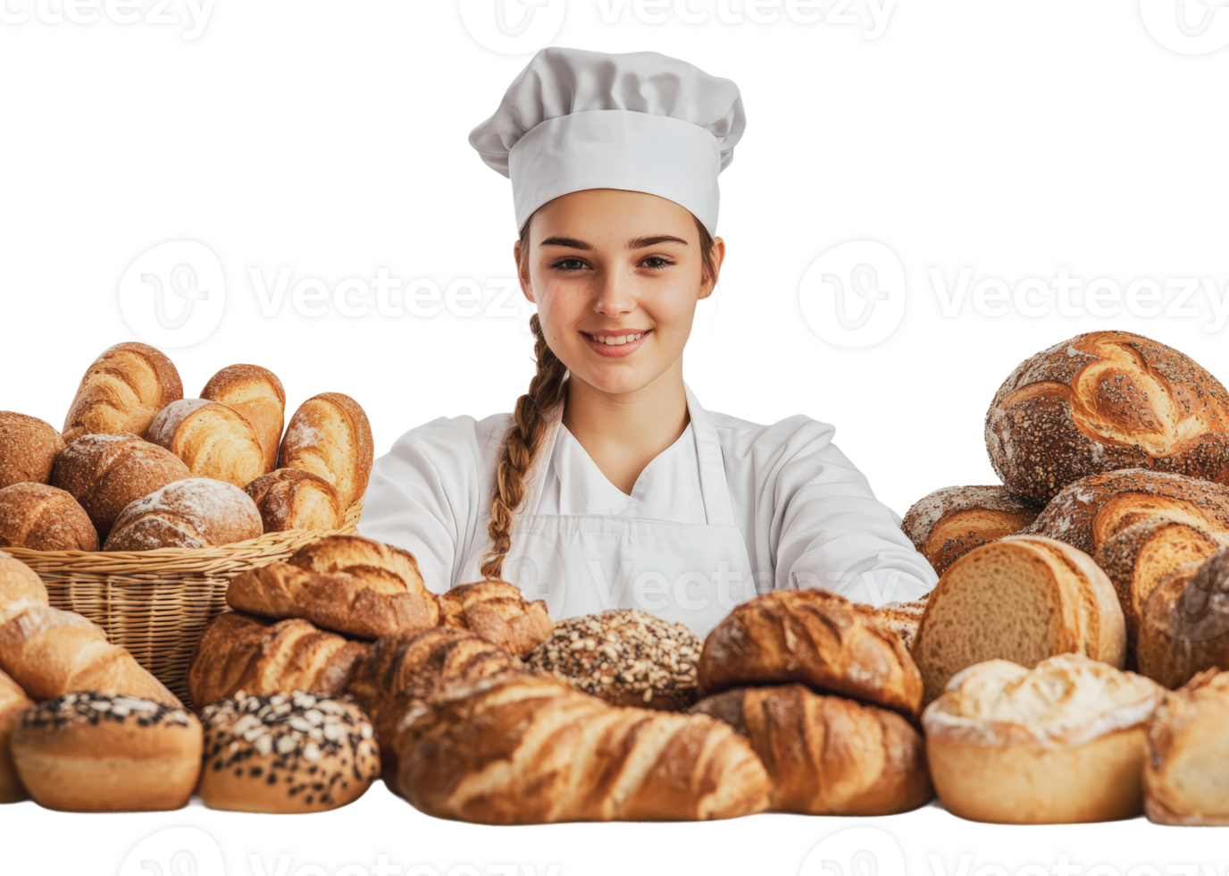 Baker showcasing various types of bread in bakery png
