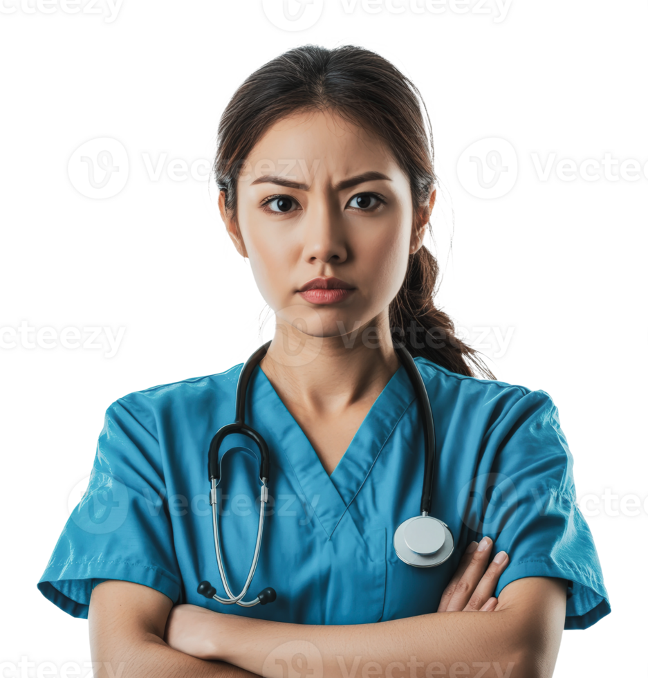 Nurse with serious expression during work shift png