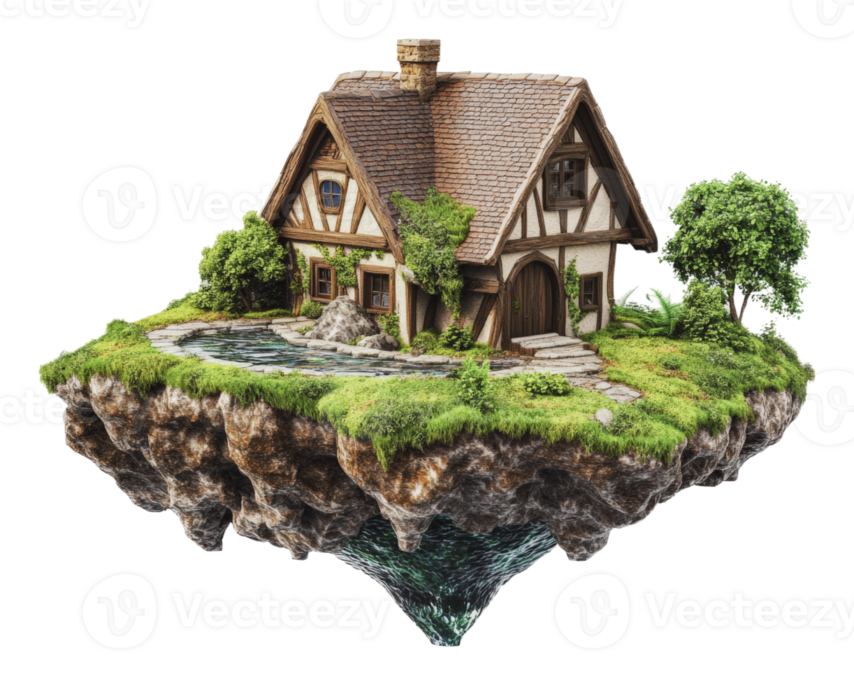 Floating house with lush greenery near a pond png