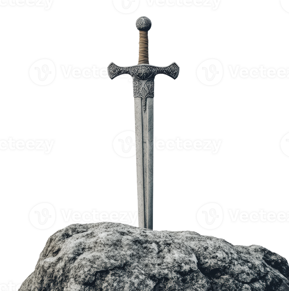 Ancient sword embedded in a rocky pedestal png