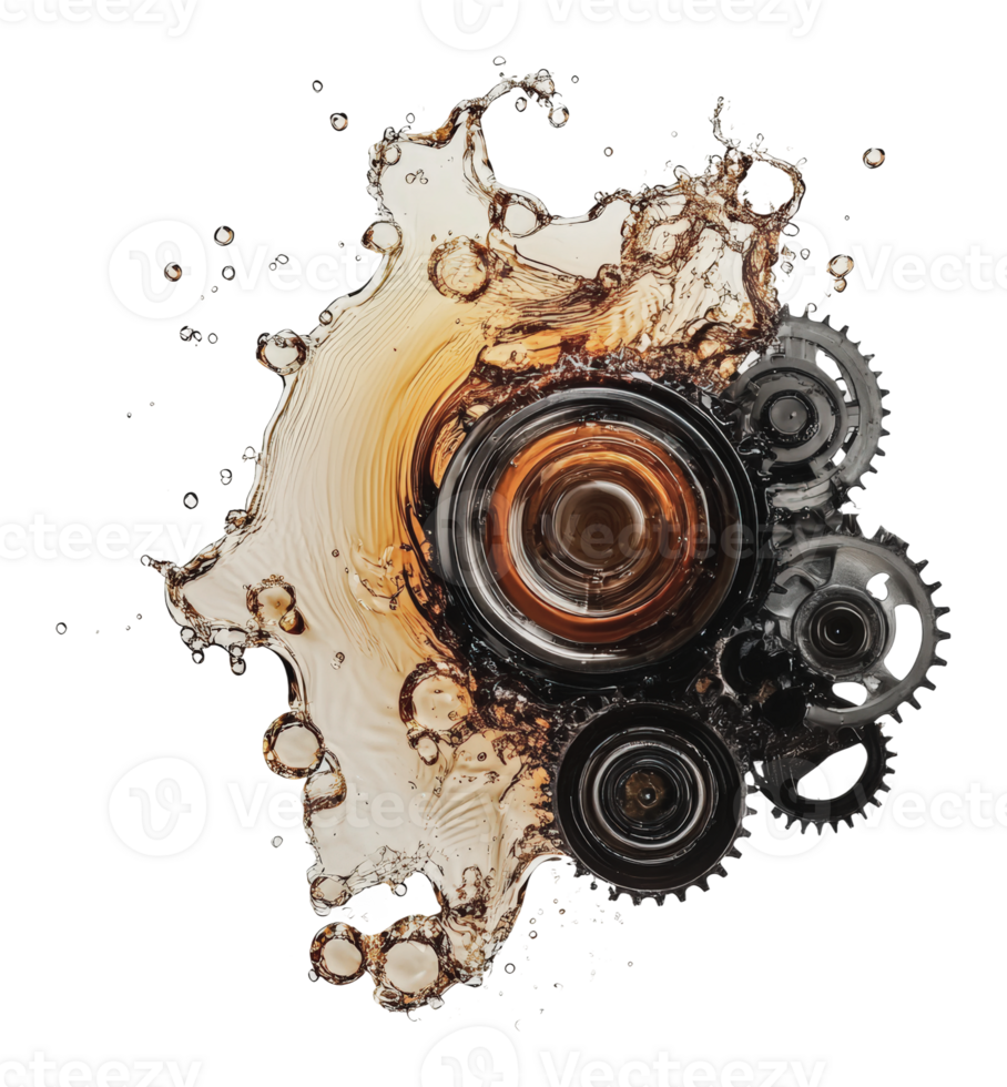 Liquid splashes with gears creating dynamic motion png