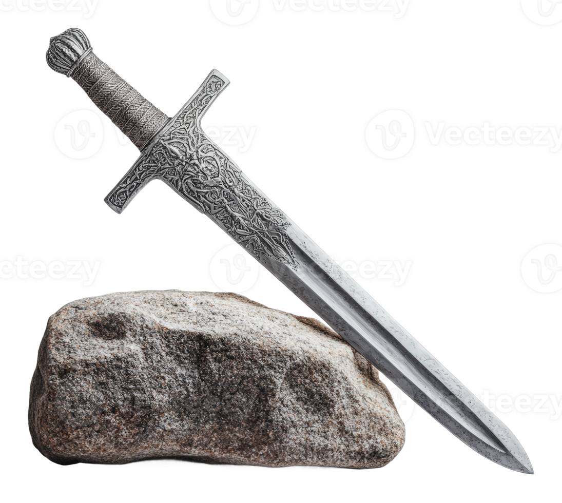 Decorative sword resting on a textured rock png