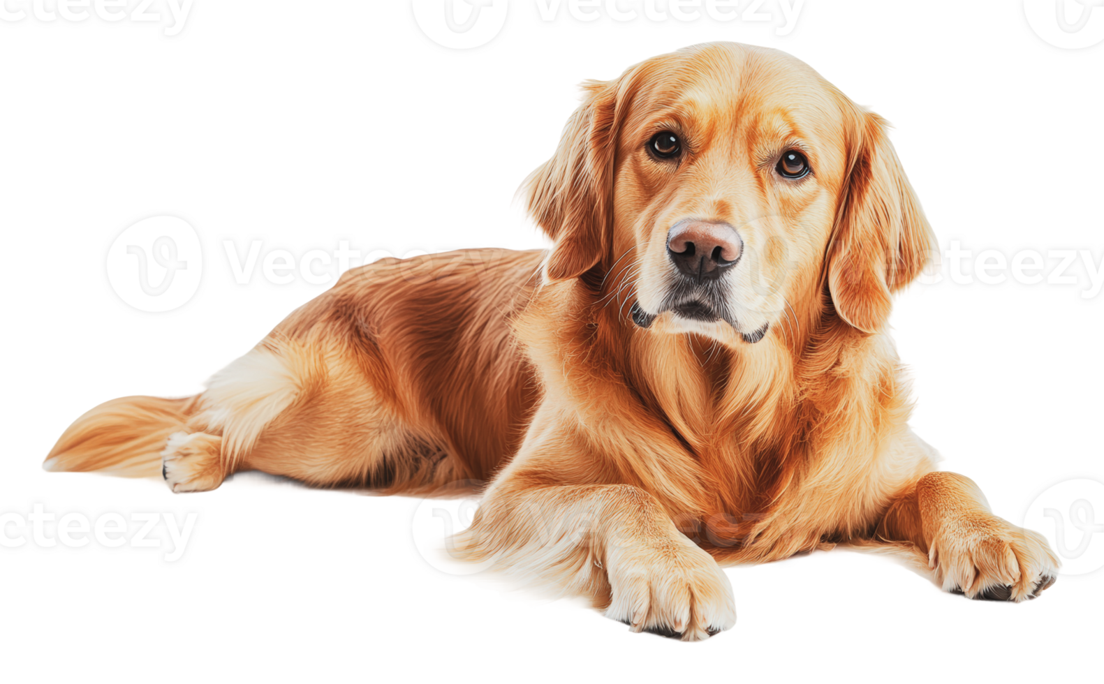 Relaxed golden retriever resting on white surface png