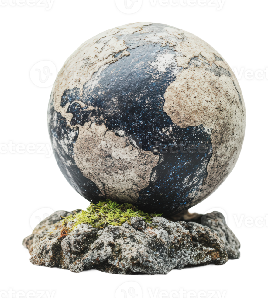 Unique globe sculpture made of stone and moss png