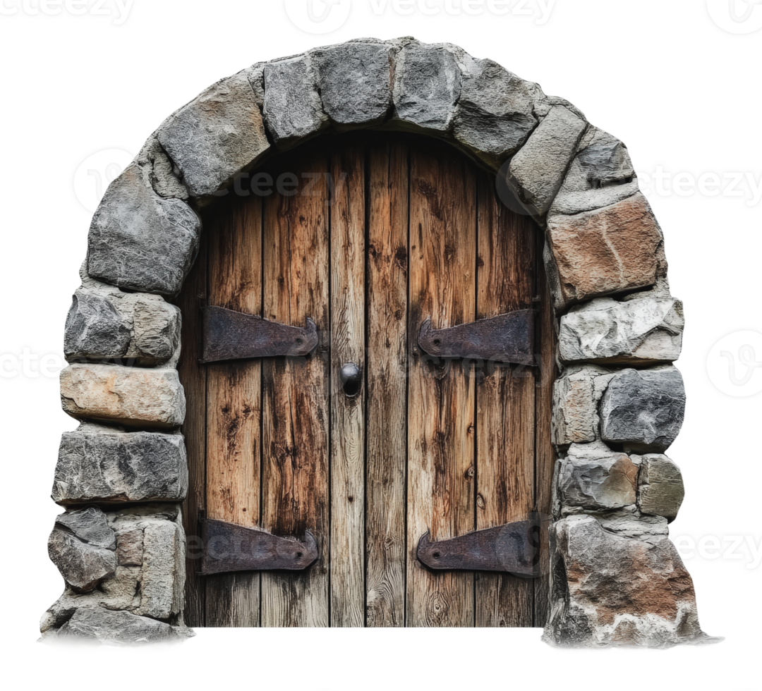 Rustic wooden door with stone archway png