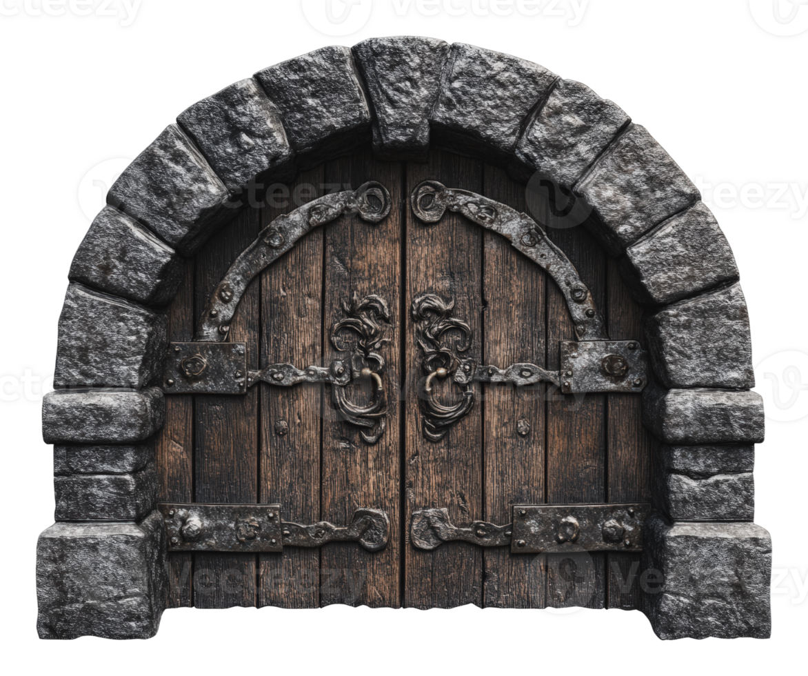 Mysterious stone archway with wooden doors png