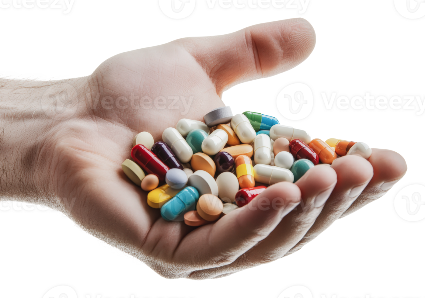 Diverse assortment of colorful pills in hand png