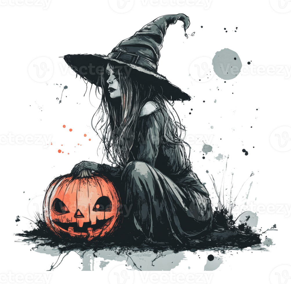 Witch sitting beside a carved pumpkin in autumn png