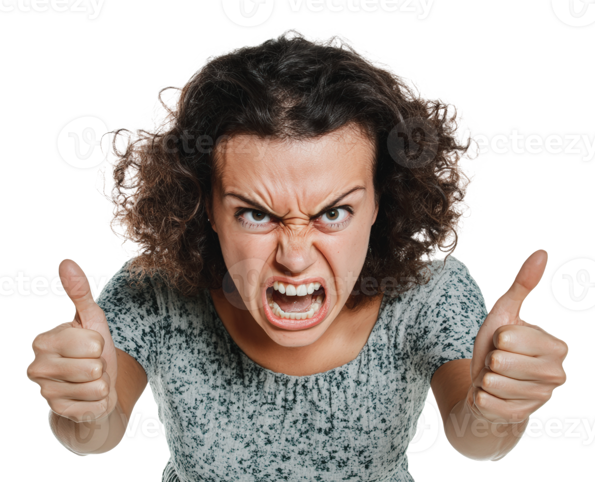 Woman expressing anger with thumbs up gesture png