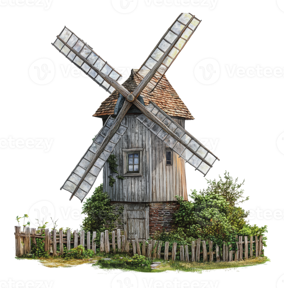Vintage wooden windmill surrounded by greenery png