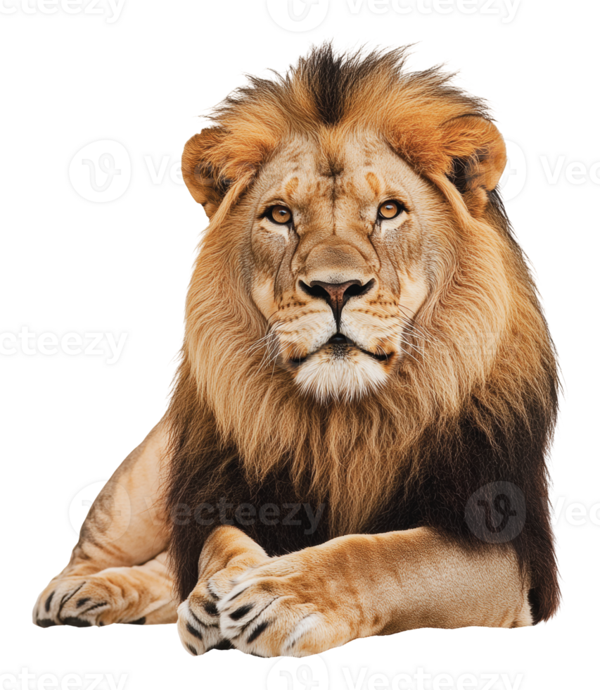 Majestic lion resting with a regal gaze in nature png