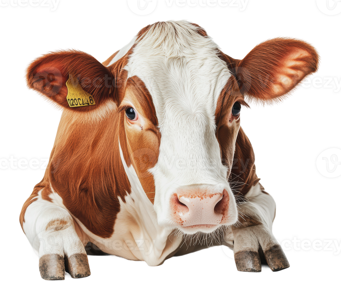 Brown and white cow relaxing indoors png