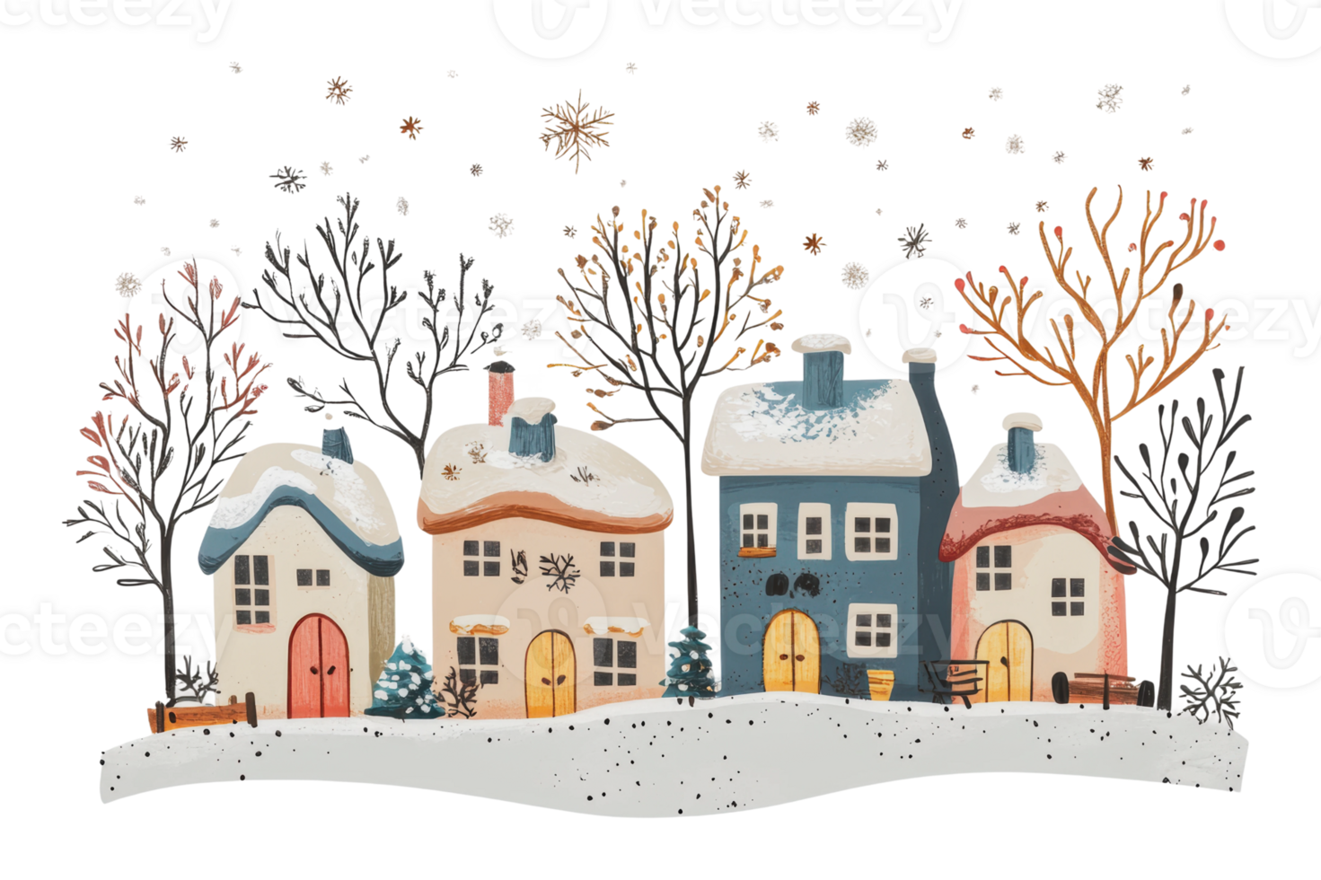 Winter village scene with snow-covered houses png