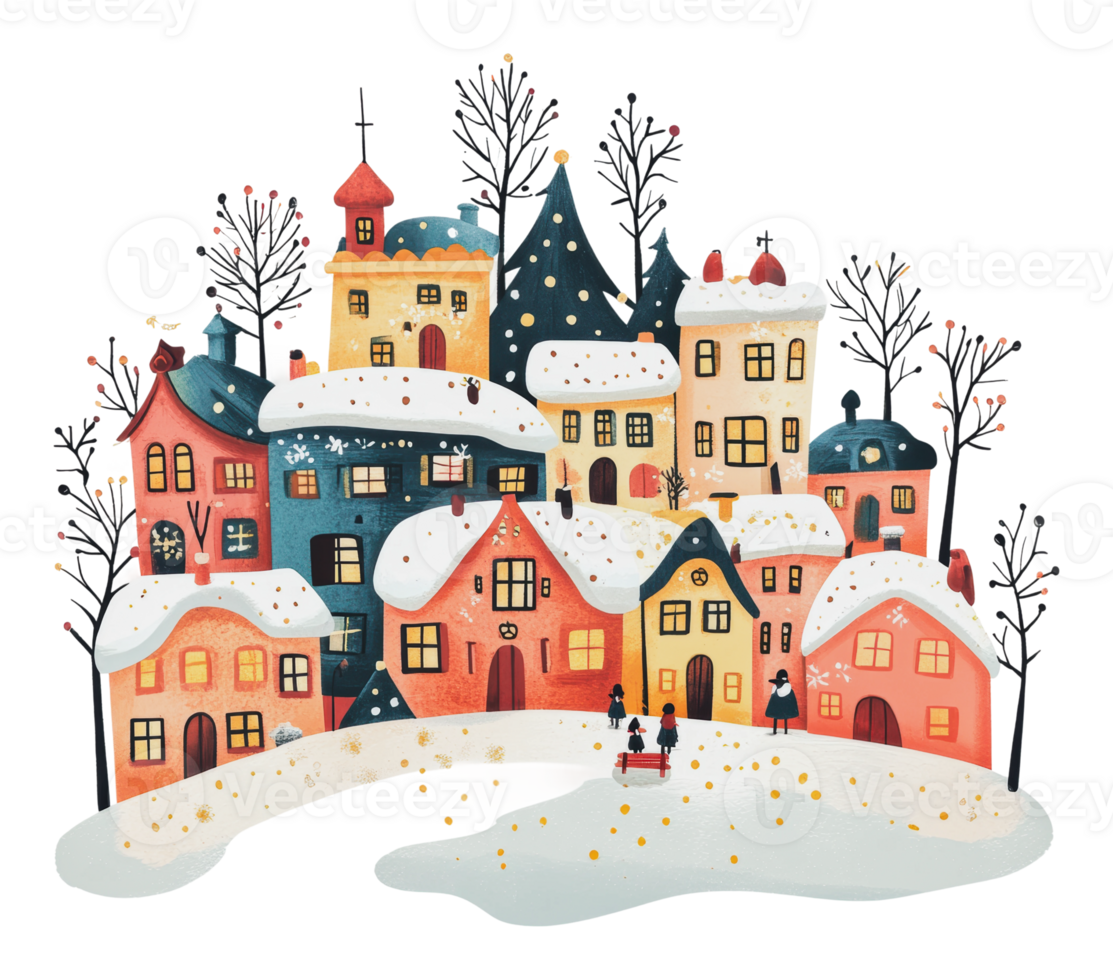 Charming winter village with snow-covered houses png