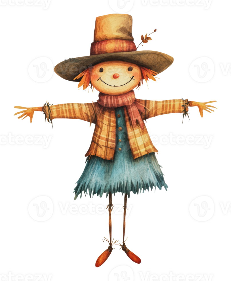 Scarecrow with a friendly smile in rustic attire png