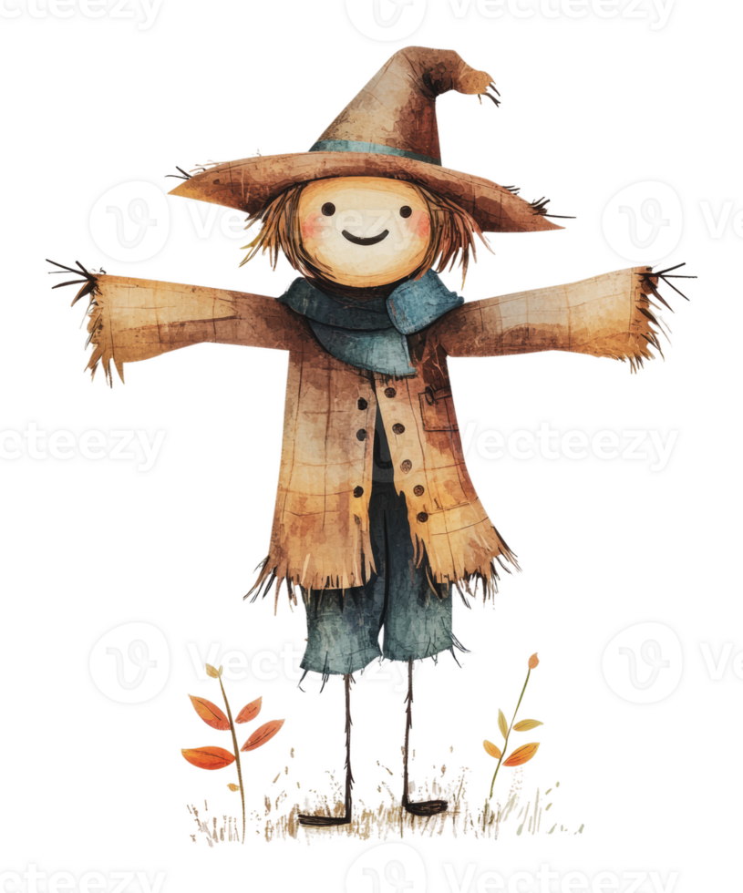 Scarecrow stands cheerfully in a sunny field png