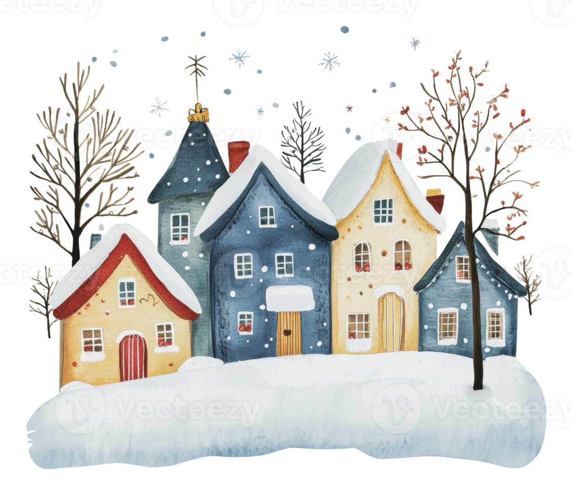 Charming winter village with snow-covered rooftops png