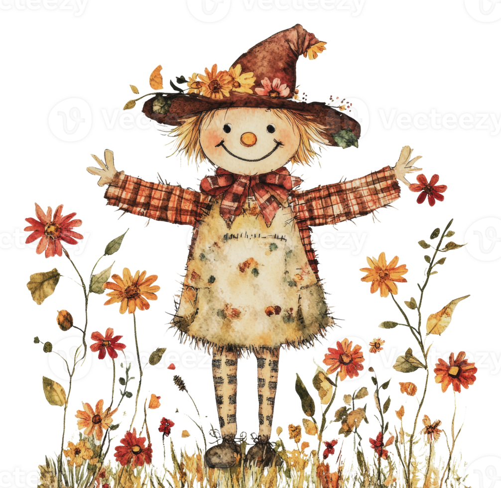 Scarecrow with Flowers in Autumn Landscape png