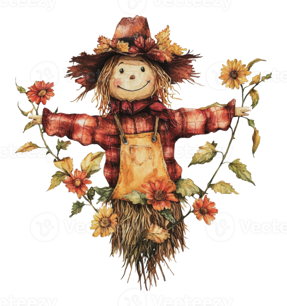 Festive scarecrow welcoming autumn harvest png