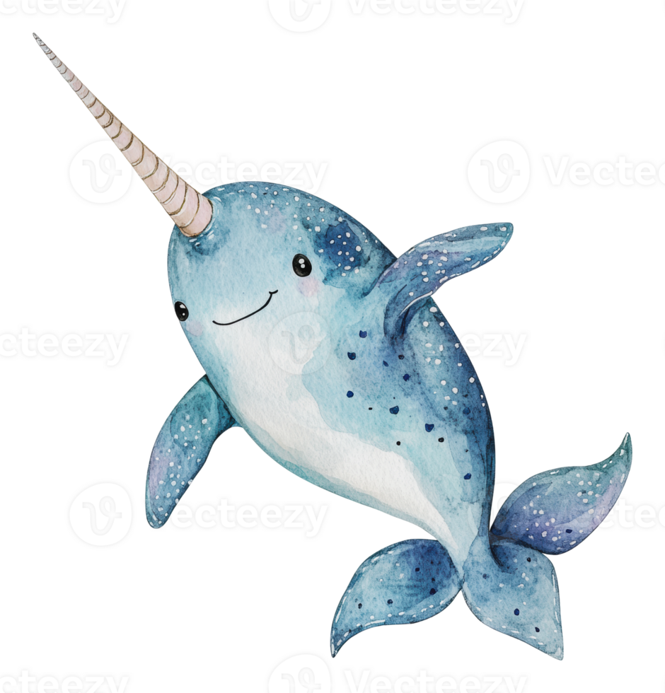 Cute narwhal swimming in a colorful ocean png
