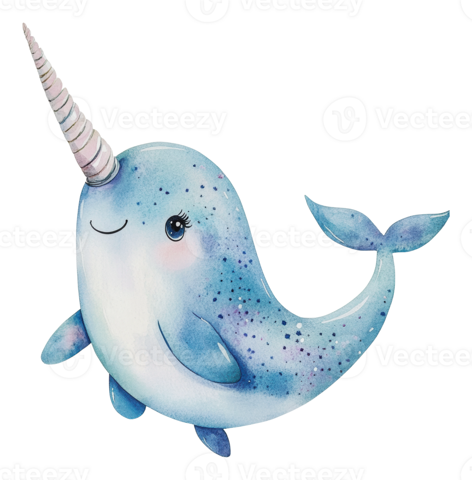 Cute cartoon narwhal swimming in a whimsical sea png