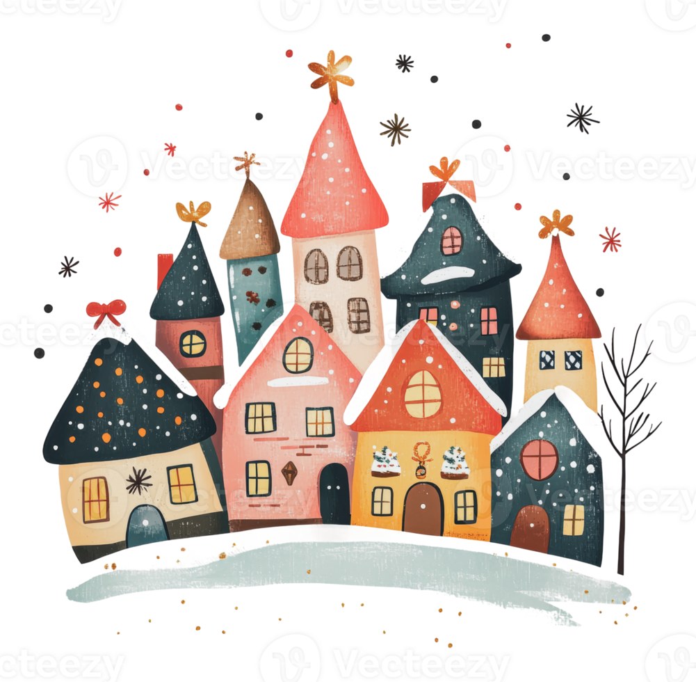 Colorful winter village with whimsical houses png