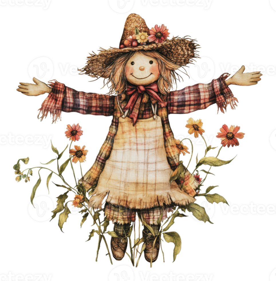 Colorful scarecrow welcoming autumn harvest season png