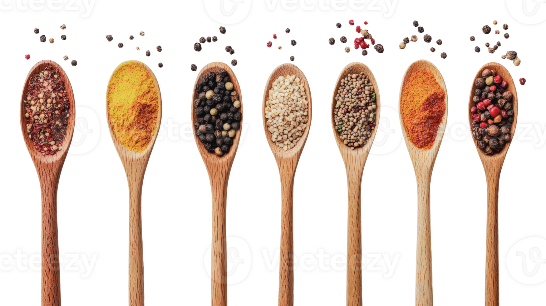Variety of spices displayed in wooden spoons png
