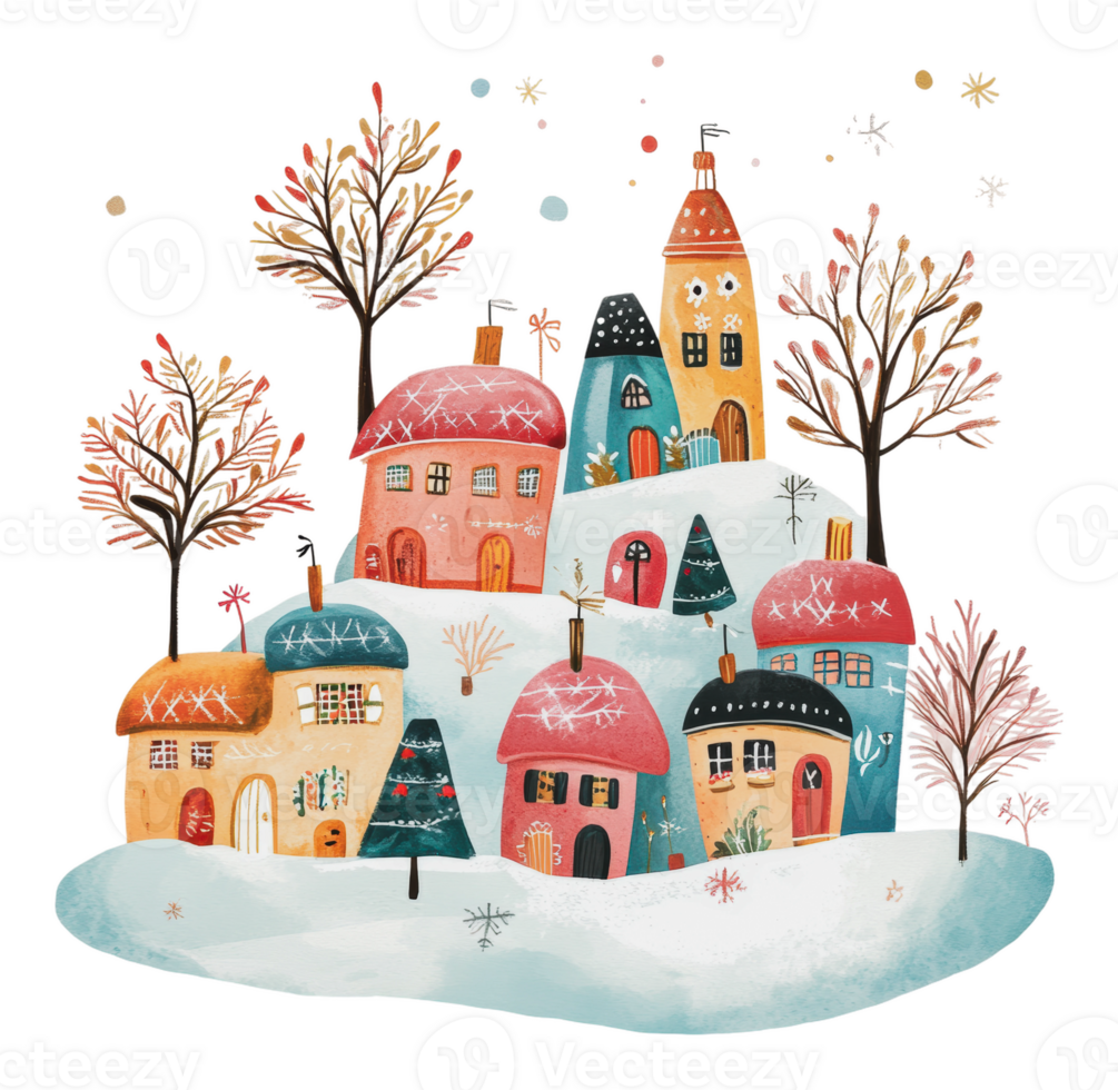 Colorful winter village with whimsical houses png