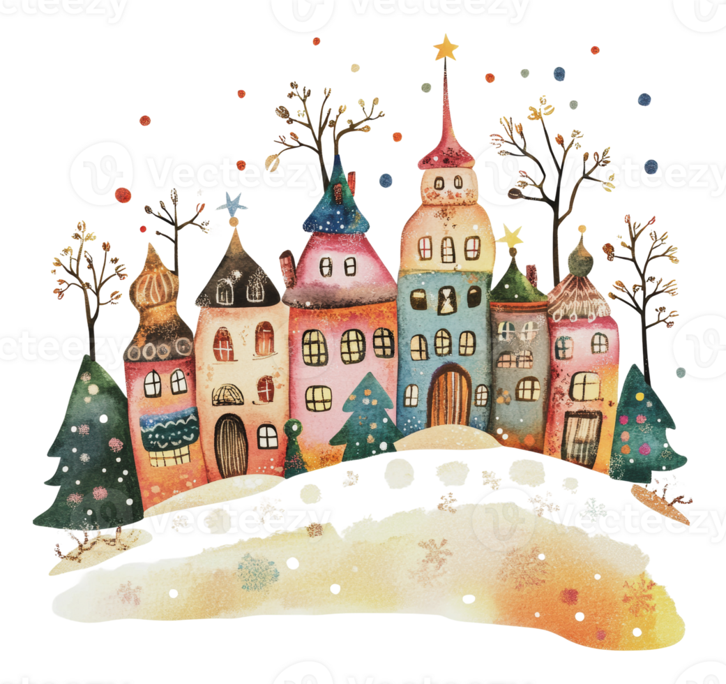 Colorful winter village with trees and snow png
