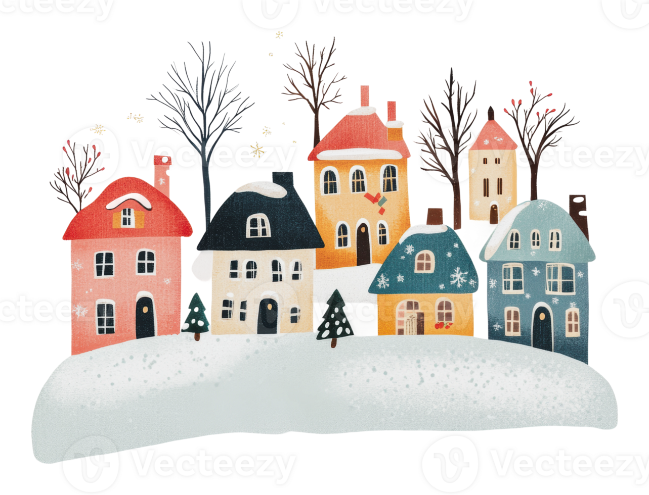 Colorful winter houses under a snowy sky png