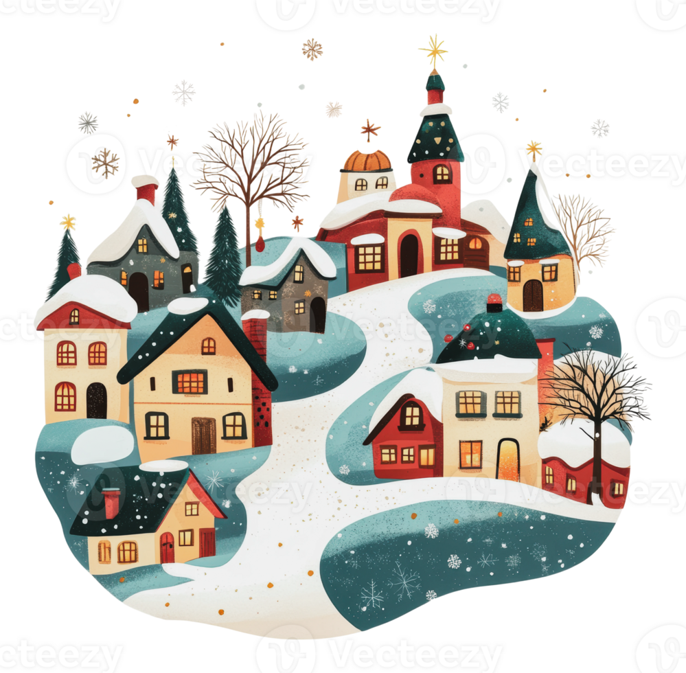 Winter village with houses and snowy landscape png