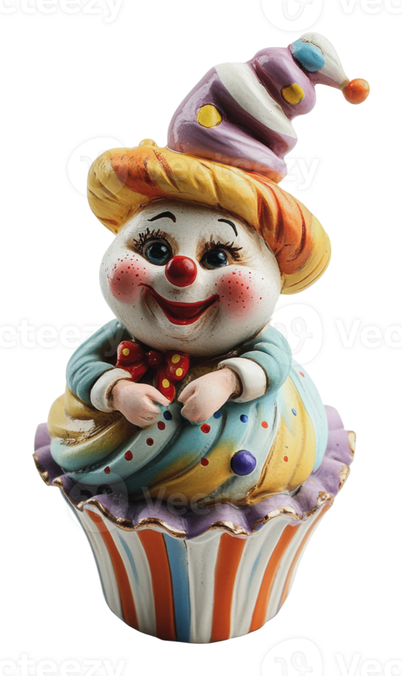 Colorful clown figurine sitting atop a cupcake png