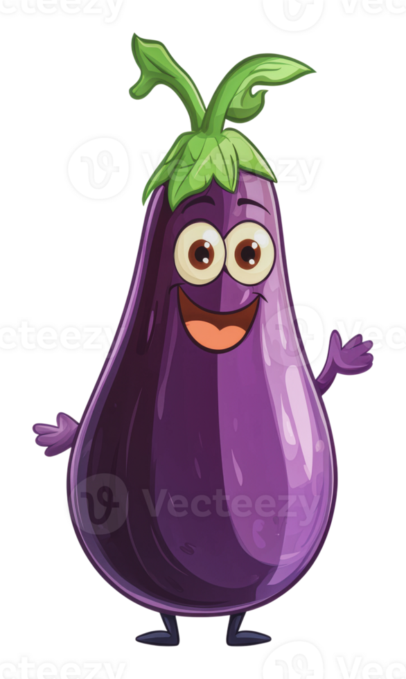 Cheerful smiling cartoon eggplant waving png