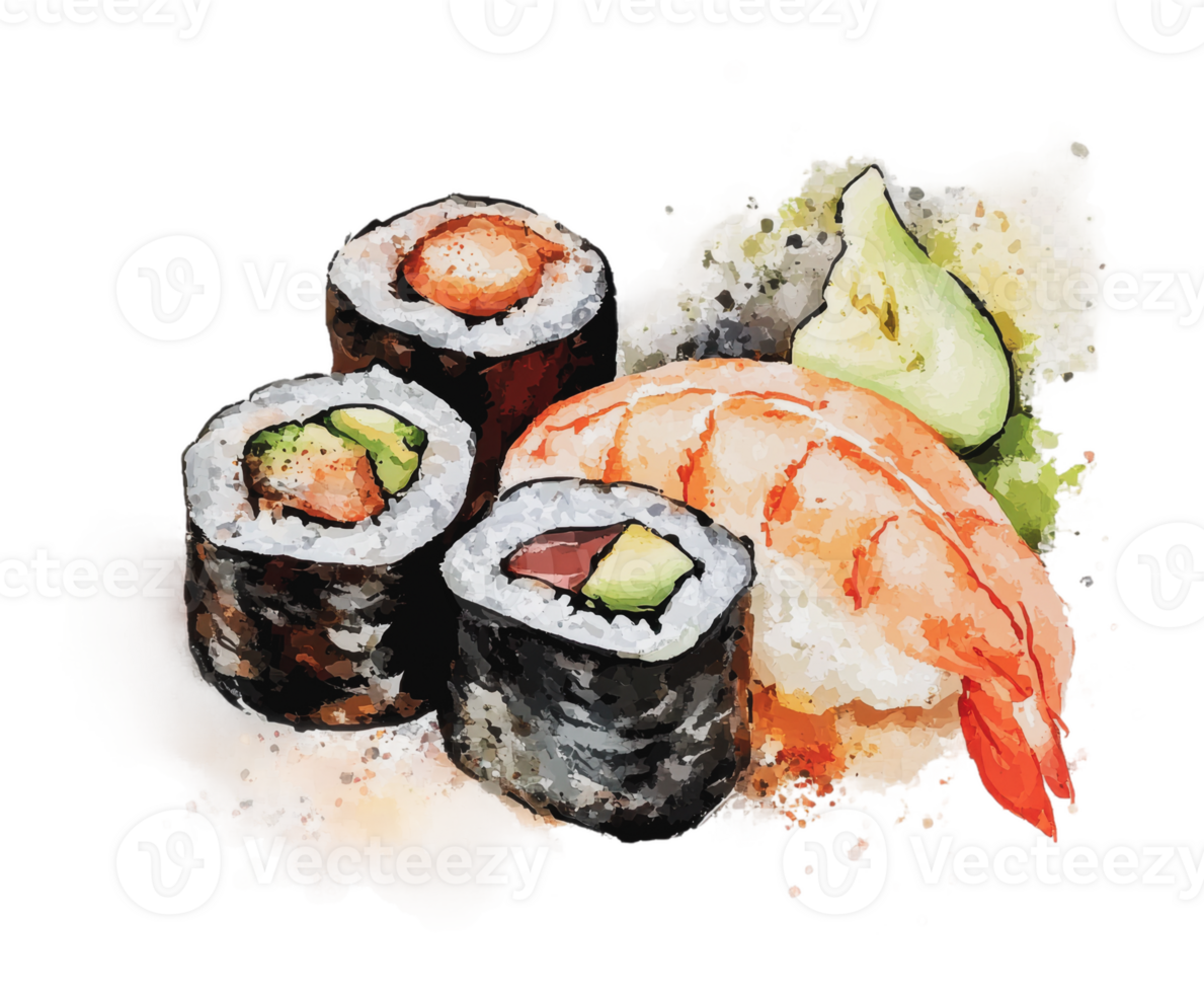 Sushi rolls with shrimp and avocado on a plate png