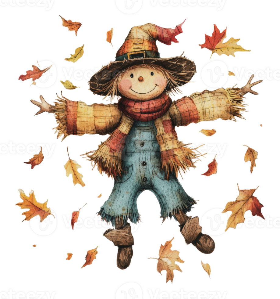 Brightly colored scarecrow enjoying autumn leaves png