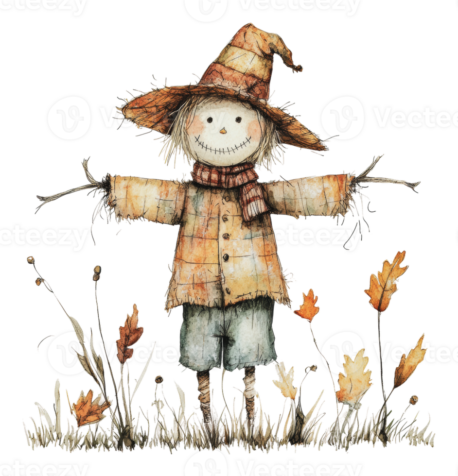 Whimsical scarecrow in a autumn landscape png