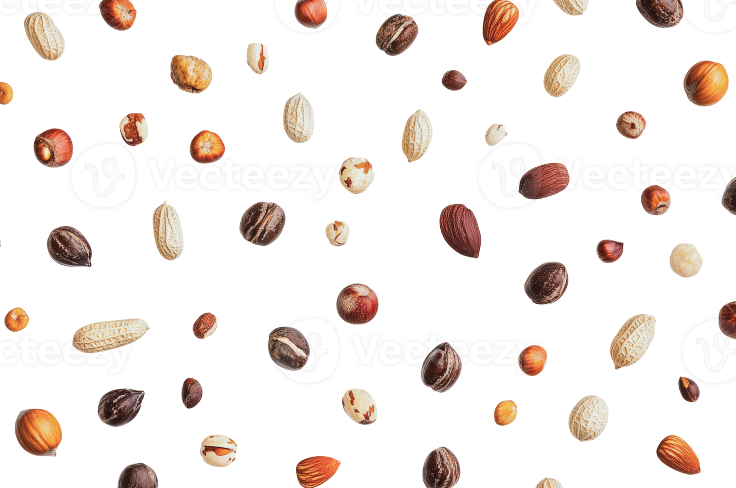 Diverse assortment of nuts and seeds scattered png