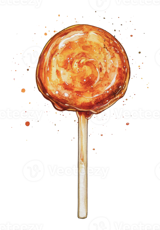 Vibrant lollipop with a swirling caramel design png
