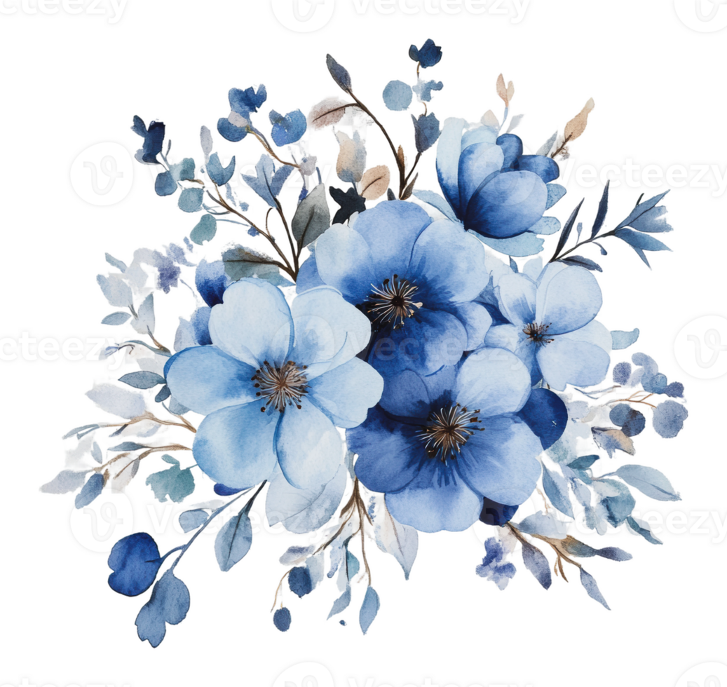 Blue floral arrangement in watercolor style png