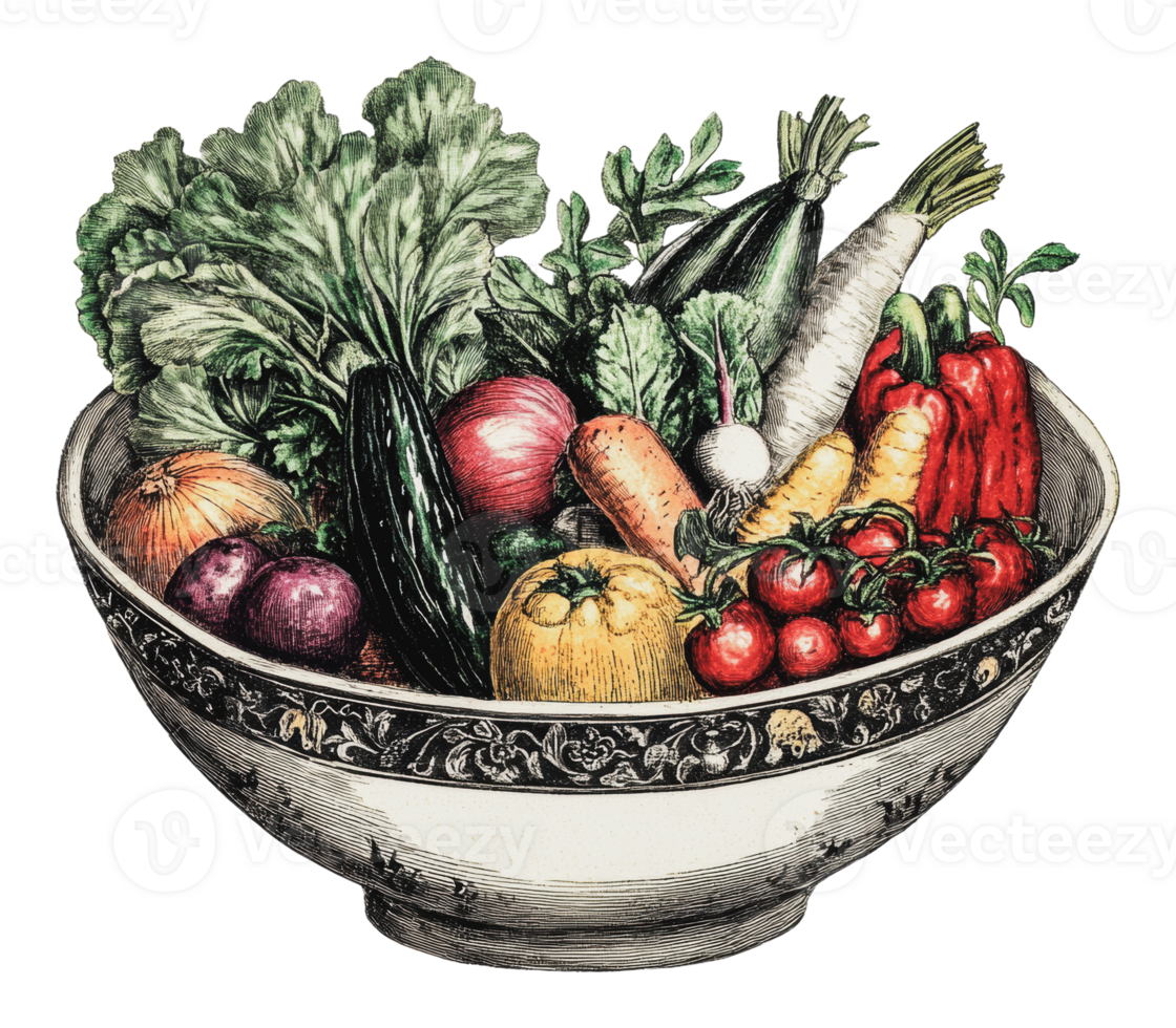 Fresh vegetables arranged beautifully in a bowl png