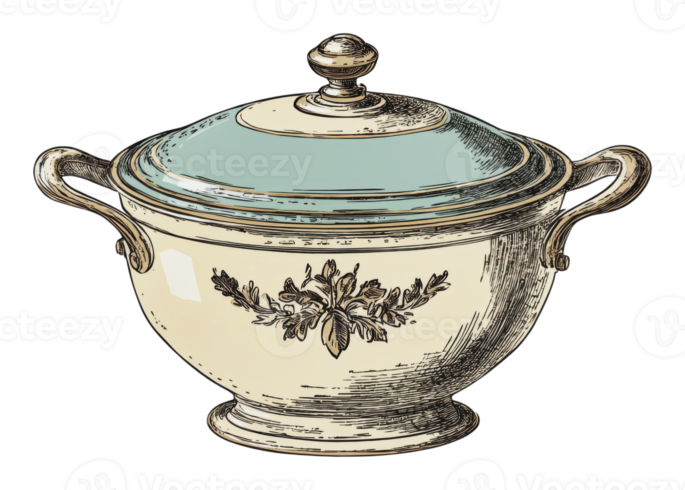 Vintage serving bowl with elegant design and lid png