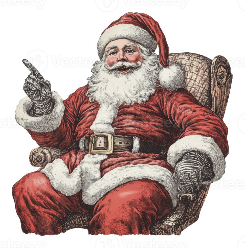 Happy Santa Claus seated in vintage style chair png