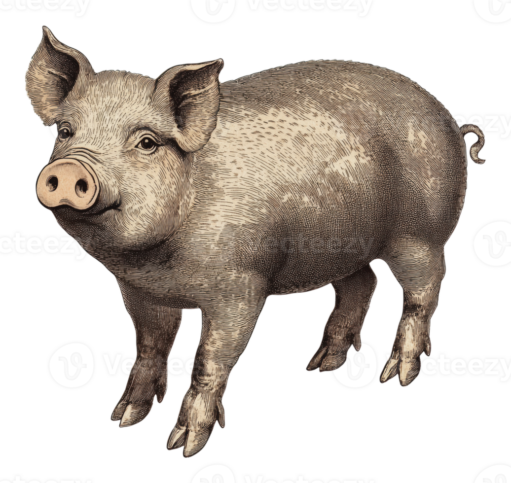 Vintage standing pig illustration png