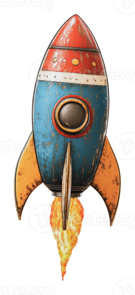 Colorful retro rocket launching into space png