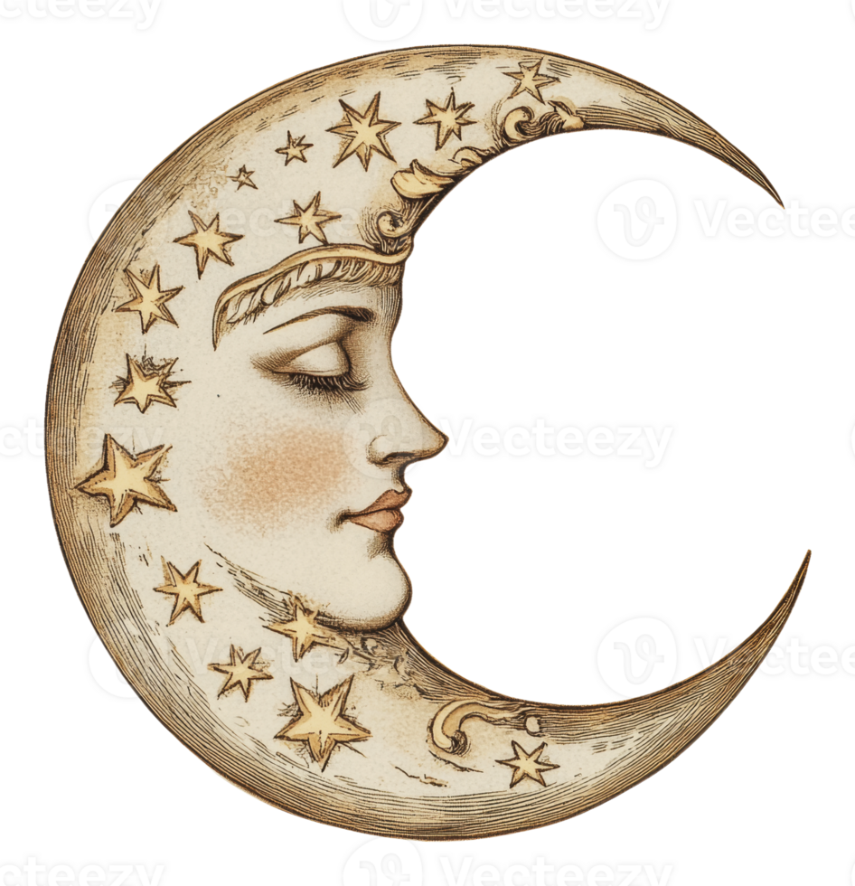 Crescent moon with face and stars design png