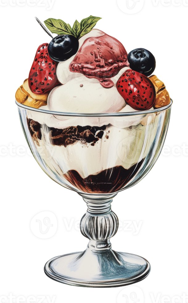 Classic dessert sundae with fruits and sauces png