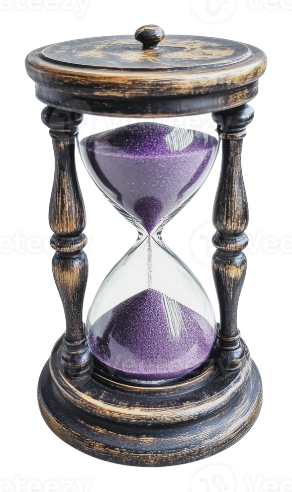 Elegant hourglass with purple sand in wooden frame png