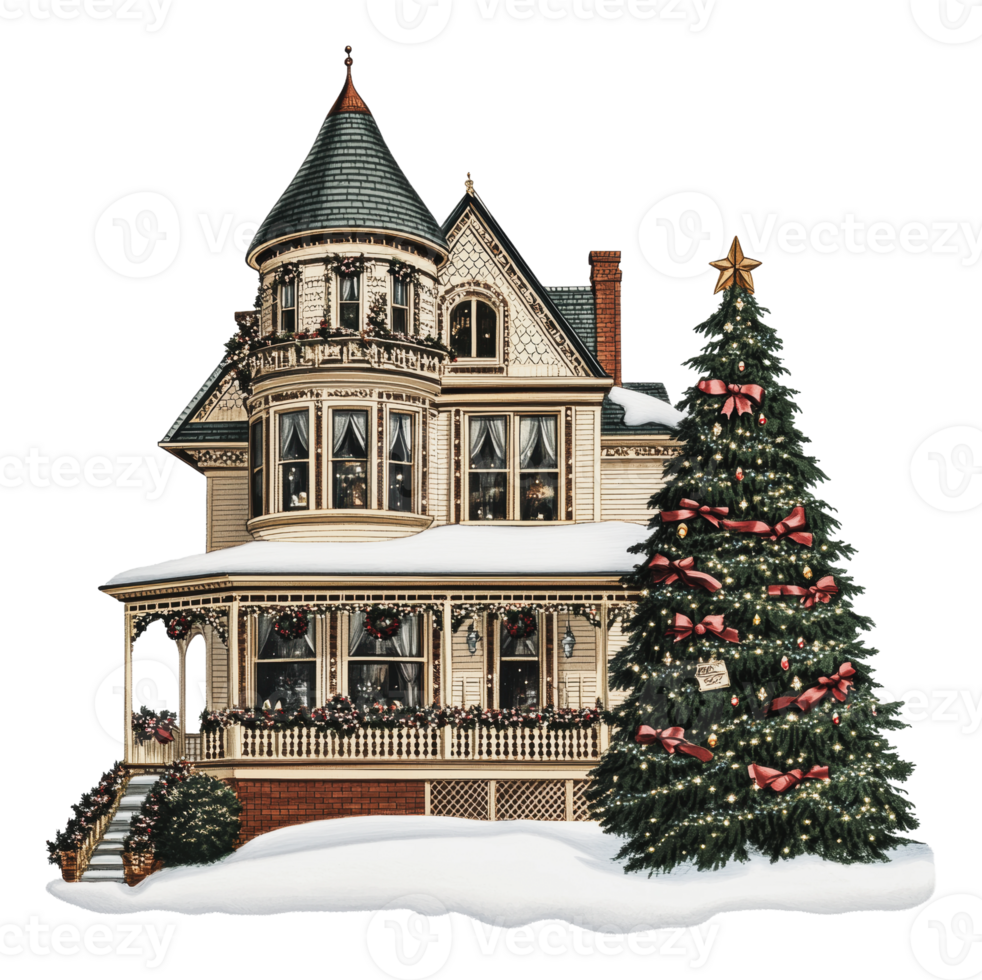Victorian house with Christmas tree png