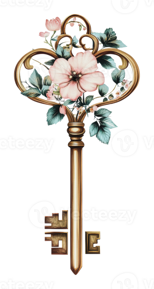 Decorative key with floral design and leaves png